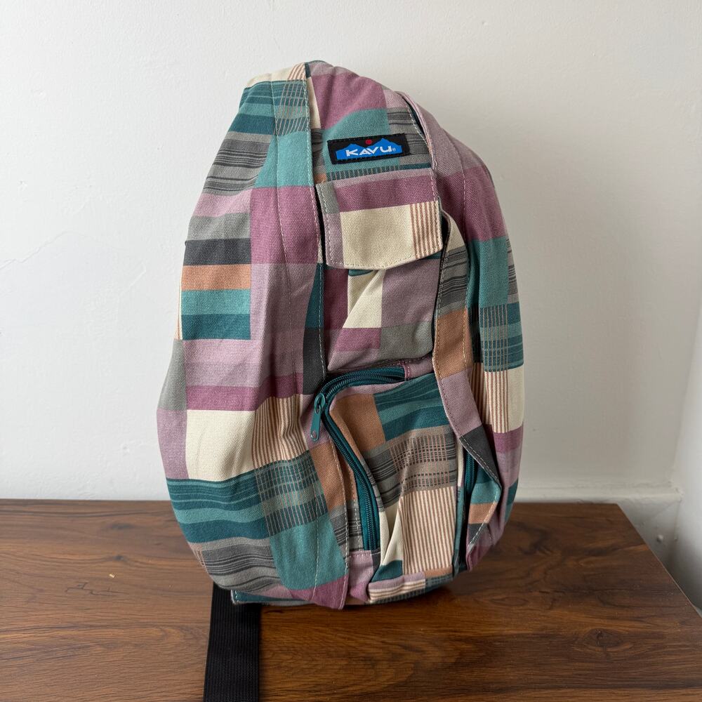 Kavu Patchwork Teal Plum Cream Striped Backpack